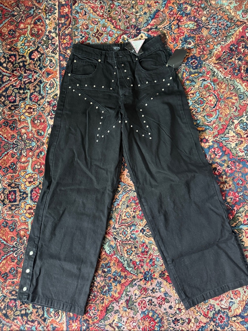 Black Studded Wide-Leg Jeans with Star Studded Design
